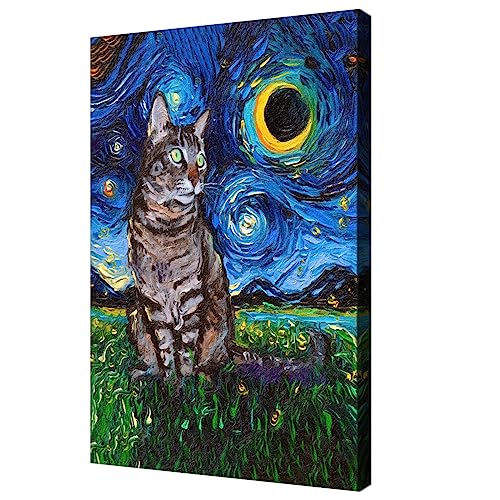 Vintage Tabby Cat Starry Night Oil Painting Canvas Prints