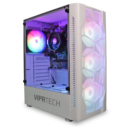 ViprTech.com Whiteout Gaming PC Desktop Computer - AMD Ryzen 5 5600G (12-Core 4.4Ghz), AMD Radeon RX Vega 7 Graphics, 16GB DDR4 RAM, 128GB NVMe SSD, 1TB HDD, WiFi, RGB, Warranty, White
