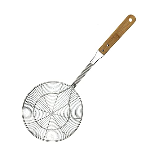 Vivicreate 7 Inch diameter Fine Mesh Strainers Bamboo Handle Premium Stainless Steel Colanders Spider Strainer Sifter Skimmer Spoon Perfect for Sift Strain Vegetables Pastas Tea