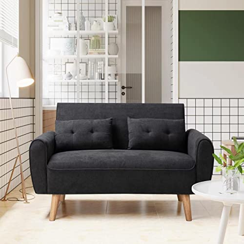 Vongrasig 47" Small Modern Loveseat Sofa, Mid Century Linen Fabric 2-Seat Sofa Couch Tufted Love Seat with Back Cushions and Tapered Wood Legs for Living Room, Bedroom and Small Space (Black)