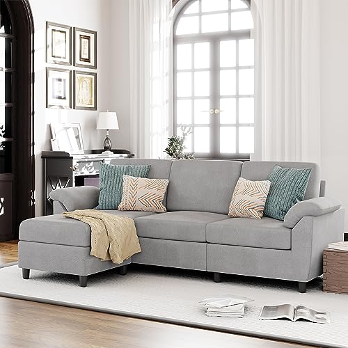 Vongrasig 79" Convertible Sectional Sofa Couch, 3 Seat L Shaped Sofa with Removable Pillows Linen Fabric Small Couch Mid Century for Living Room, Apartment and Office (Light Gray)