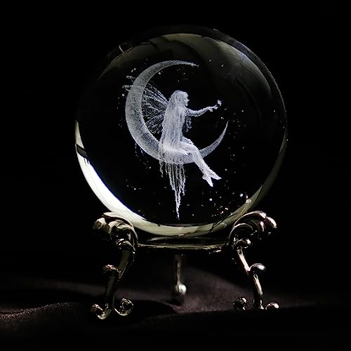 vskikris 2⅜ inches Moon Fairy Crystal Ball with Stand 3D Laser Engraved Fairy Moon Figurine 3D Decoraive Quartz Glass Ball Sphere Table Paperweight Home Decor Craft