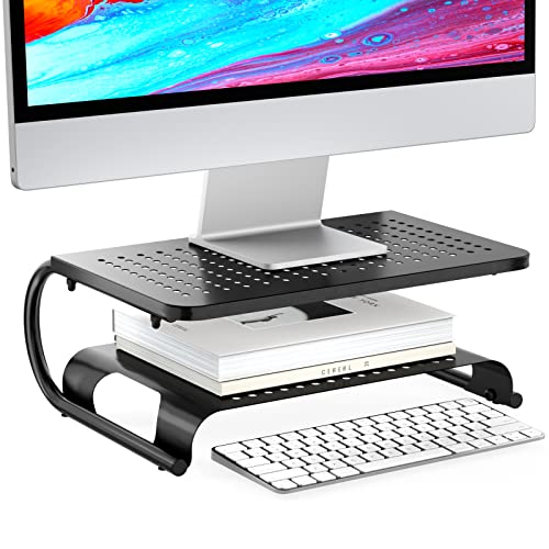 WALI Monitor Stand Riser, Computer Desktop Stand Riser Holder, Vented Metal 2 Tier Desk Shelf for Desk Organizer (STT001B), 1 Pack, Black