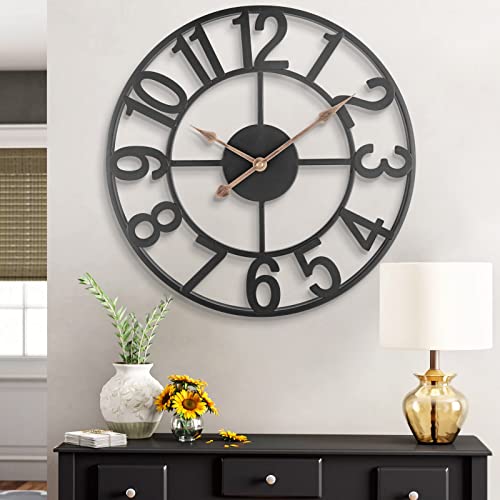 Wall Clock, 24 Inch Large Indoor Outdoor Wall Clocks Battery Operated Silent Non Ticking, Farmhouse Vintage Decorative Analog Metal Clock for Living Room, Kitchen, Patio Decor - Black