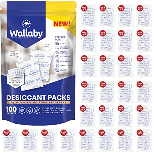 Wallaby 2 gram (100 Packets) Food Safe Pure White Silica Gel Desiccant Dehumidifier Packs - Rechargeable & Coated Moisture Absorbers