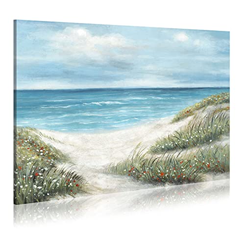 Wallsup Decor Canvas Wall Art Beach Scenes Coastal Picture Print Artwork With Hand Painted Textured On Seaside Grass And Ocean Wave Seascape Painting 36 X 24 516 5ASDe L 