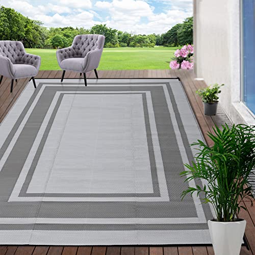 Waterproof Outdoor Rugs 8x10 for Patios Clearance, Plastic Straw Mats with Geometric Design