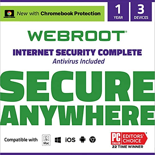 Webroot Internet Security Complete | Antivirus Software 2023 | 3 Device 1 Year Subscription for PC/Mac/Chromebook/Android/IOS + Password Manager, Performance Optimizer & Cloud Backup + Auto Renewal