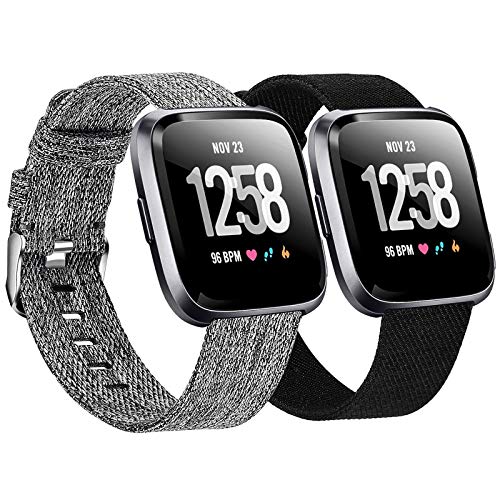 Welltin 2 Pack Bands Compatible with Fitbit Versa / Fitbit Versa 2 / Fitbit Versa Lite for Women Men, Breathable Woven Fabric Strap, Adjustable Replacement Wristband for Fitbit Versa Smart Watch