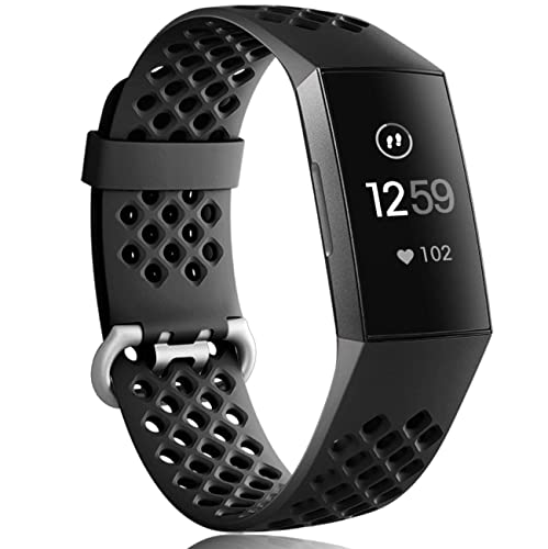 Wepro Bands Replacement Compatible Fitbit Charge 3 for Women Men Large, Waterproof Breathable Holes Watch Sport Strap Accessories for Fitbit Charge 3 SE Fitness Tracker, Black