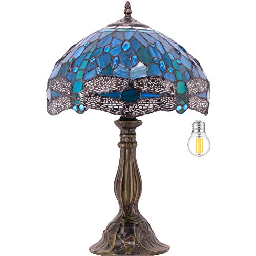 WERFACTORY Tiffany Lamp Green Blue Stained Glass Dragonfly Style Bedside Table Lamp Desk Reading Light 12X12X18 Inches Decor Bedroom Living Room Home Office S622 Series