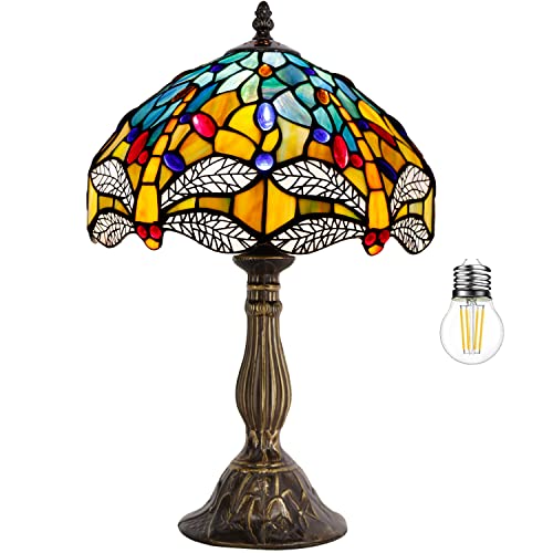 WERFACTORY Tiffany Lamp Sea Blue Yellow Stained Glass Dragonfly Style Table Lamp