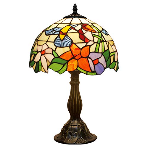 WERFACTORY Tiffany Lamp Stained Glass Lamp Hummingbird Style Bedside Table Lamp Desk Reading Light 12X12X18 Inches Decor Bedroom Living Room Home Office S101 Series