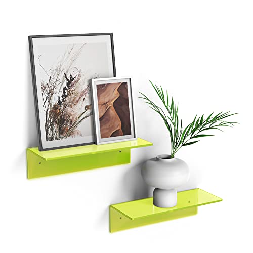 Weronique Small Acrylic Floating Shelf with 2 Installations Wall Shelves Thicker Clear Command Shelves Display Shelves Set of 2, with Cable Clips, Neon Green