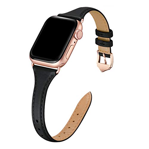 WFEAGL Leather Bands Compatible with Apple Watch Band 38mm 40mm 41mm Women, Top Grain Leather Strap Slim & Thin Replacement Wristband for iWatch Ultra SE & Series 8 7 6 5 4 3 2 1 (Black/RoseGold)