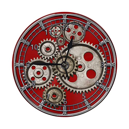 WGNNVOT Steampunk Gear Vintage Machine Red 10 Inch Design Round Classic Wall Clock Battery Operated for Home Decorative Living Room Bathroom Office