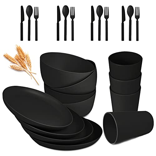 Wheat Straw Dinnerware Sets - 24 pcs Lightweight Unbreakable Dishwasher Microwave Safe Cups Cutlery Plates and Bowls Set for 4 Suitable for Camping Party Grill（Black）