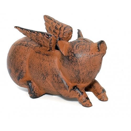 Whimsical Cast Iron Flying Pig Garden Statue - Piggy Bank and Paperweight