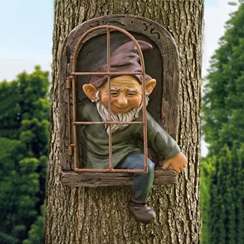 Whimsical Gnome Statue Elf Out The Door Tree Hugger - 12 Inch Decorative Garden Sculpture