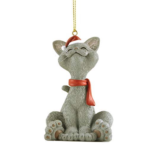 Whimsical Grey Cat Christmas Ornament Figurine