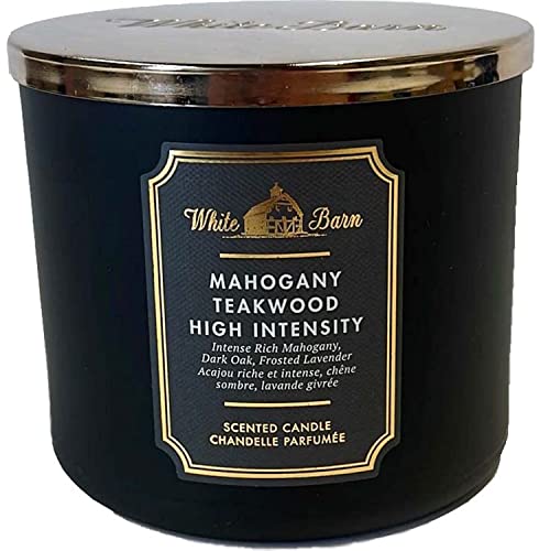 White Barn Candle Company Bath and Body Works 3-Wick Scented Candle w/Essential Oils - 14.5 oz - Mahogany Teakwood (High Intensity - Black)