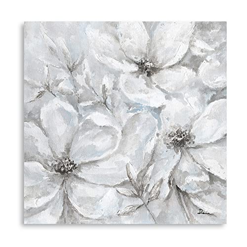 White Grey Flowers Wall Pictures: Grey Wall Decor Gray Wall Art Large Abstract Blossoom Grey Floral Painting Grey Canvas Poster Modern Framed Elegant Prints for Bathroom Bedroom Living Room 20"x 20"...