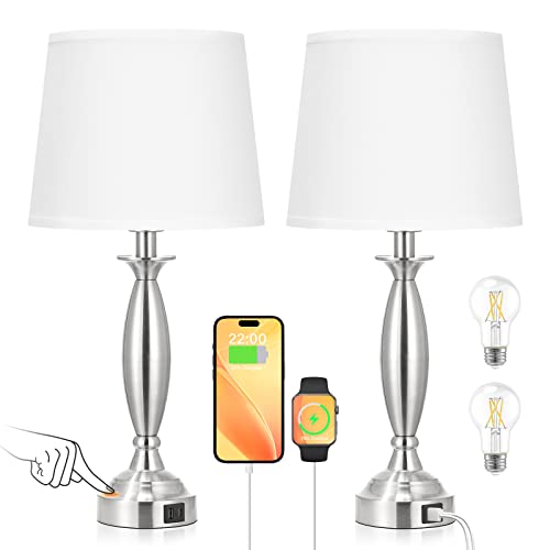 White Lamps for Bedrooms Set of 2 - Touch Control Bedside Lamp with USB C+A, 3 Way Dimmable Nightstand Lamps with USB Port, Table Lamp for Living Room