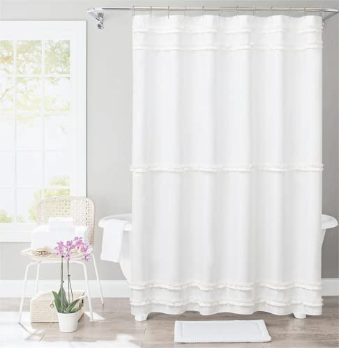 White Stripe Ruffle White Shower Curtain