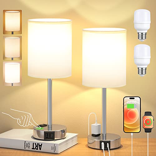 White Touch Lamps for Bedrooms Set of 2 - 3 Way Dimmable Bedside Lamp with USB Ports and Outlets