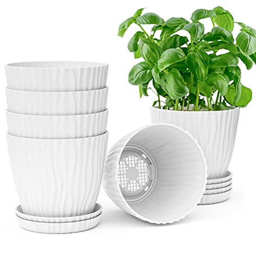 Whonline Plant Pot 6 Pack - 7Inch White Plastic Pots with Drainage Holes and Saucers