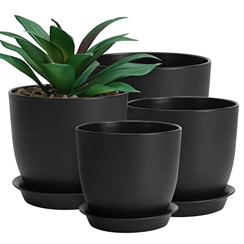 Whonline Plastic Planter 10/9/8/6 Inch Flower Pot Indoor Plastic Pots for Plants with Drainage Hole and Tray Modern Decorative for Gifts Succulents Flowers Cactus, Black