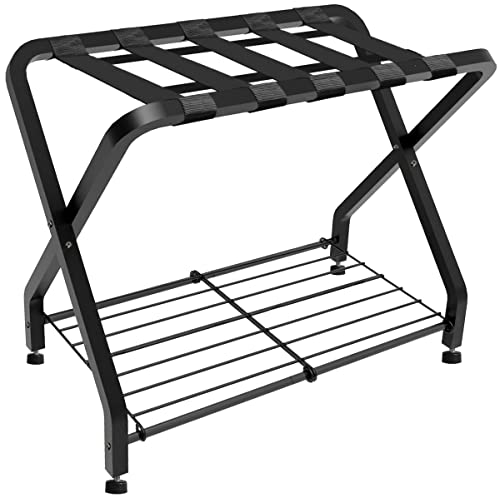 Whoonba Folding Luggage Rack with 2-tiers Storage Shelf, Foldable Steel Frame Luggage Organizers for Suitcase, Metal Luggage Holder for Guest room, Bedroom, Hotel, Closet, Black, 1pack