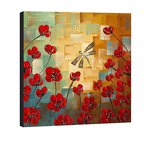 Wieco Art Dragonfly Floral Oil Paintings