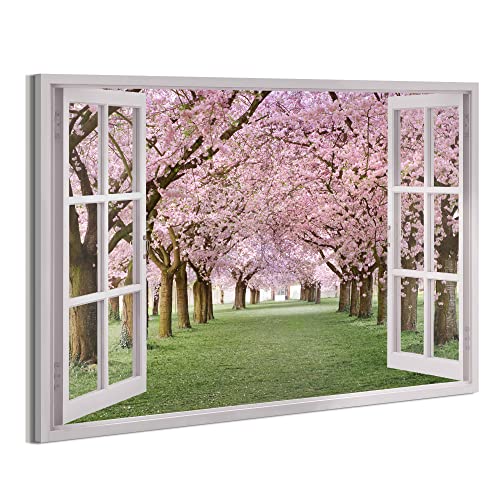 Window View Cherry Blossom Picture: Bedroom Aesthetic Flower Wall Art Nature Scene Canvas Print Living Room Modern Tree Scenery Artwork Landscape Painting Decor for Home Office