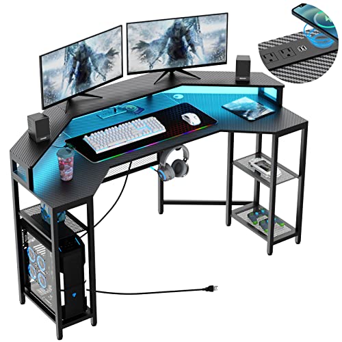 Wing-Shaped Gaming Desk with Power Outlet & LED Light