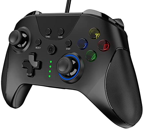 Wired Pro Gaming Controller with ALPS high-precision joystick and ALPS trigger Dual Vibration Gamepad with Back 4 Programmable Keys Turbo for PC Switch Android (Black&LED)