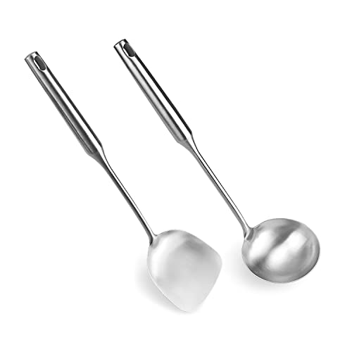 Wok Spatula and Ladle Tool Set of 2, 14.5 inches Soup Ladle Wok Utensils, 304 Stainless Steel Cooking Utensils