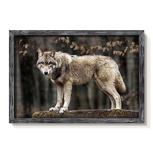 Wolf Framed Wall Art Decor: Modern Wild Animal Wooden Painting Rustic Wolf Natural Landscape Picture Wildlife Artwork Small Size for Bedroom Kitchen 16'' x 11''