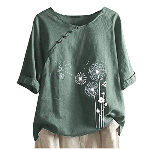 Womens Cotton Hemp Lightweight T Shirt Comfy Round Neck Tops with Buttons 3/4 Long Sleeve Dandelion Graphic Top Blouse
