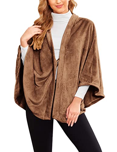 Women's Warm Fleece Shawl Blanket Cover Ups - Brown