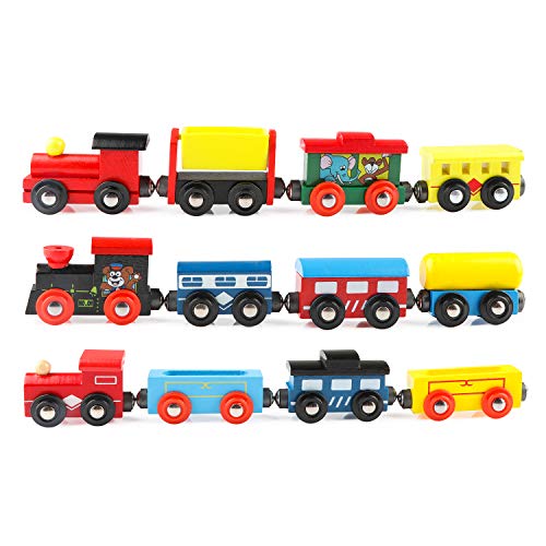 Wondertoys Wooden Train Cars - Magnetic Train Set for Toddlers