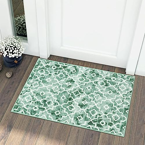Wonnitar Moroccan Washable Area Rug - 2x3 Sage Green Small Bathroom Rug Non-Slip Bath Mat Contemporary Geometric Distressed Soft Entryway Rug for Front Door Entrance Kitchen Bedroom