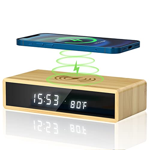 Wooden Digital Alarm Clock Wireless Charging