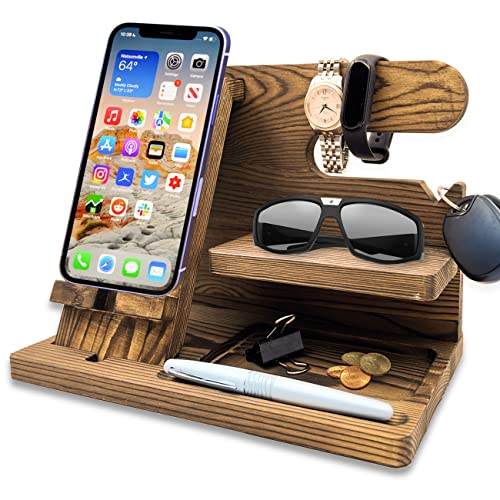 Wooden Docking Station for Men Husband Dad Key Wallet Stand Watch Unique Organizer Home Office Hotel Cellphone Charging Stand Desk Organizer Electronic Gift for Men's Gifts Ideas Accessory Gadgets