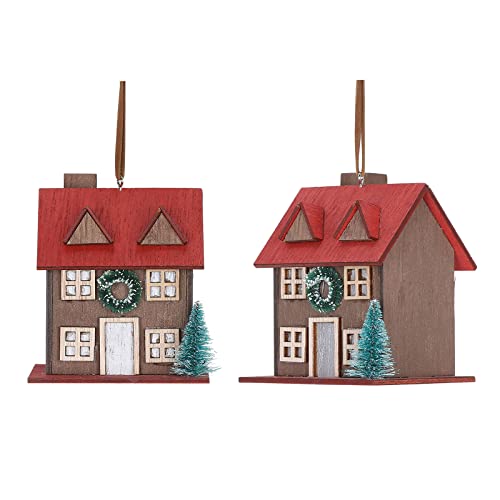 Wooden House Christmas Ornaments, 2 PCS Hanging House with Sisal Christmas Tree and Wreath