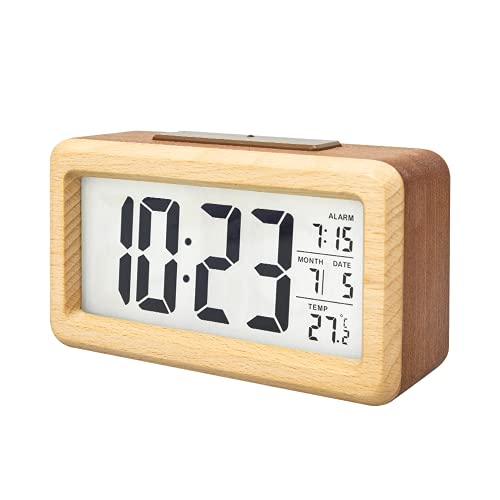 Wooden LCD Digital Alarm Clock with Smart Sensor Night Light