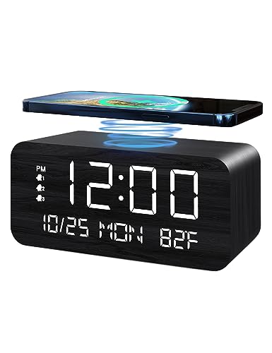 Wooden LED Alarm Clock with Wireless Charging and Temperature Display