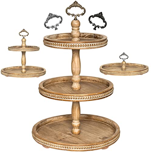 Wooden Tiered Tray Stand - Large Beaded 3 Tiered Tray Decor