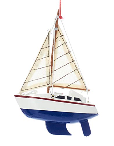 Wooden Yacht - Sailboat Christmas Ornament, 4 inches, Blue Hull