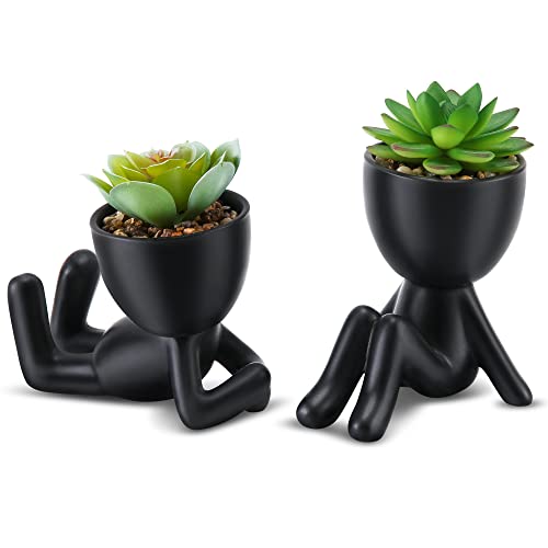 WOODWORD Mini Succulents Plants Artificial in Black Ceramic Pots
